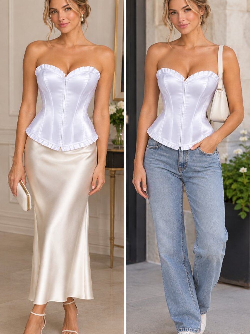 White Satin Ruffled Corset Set - Med - Picture 2 of 14